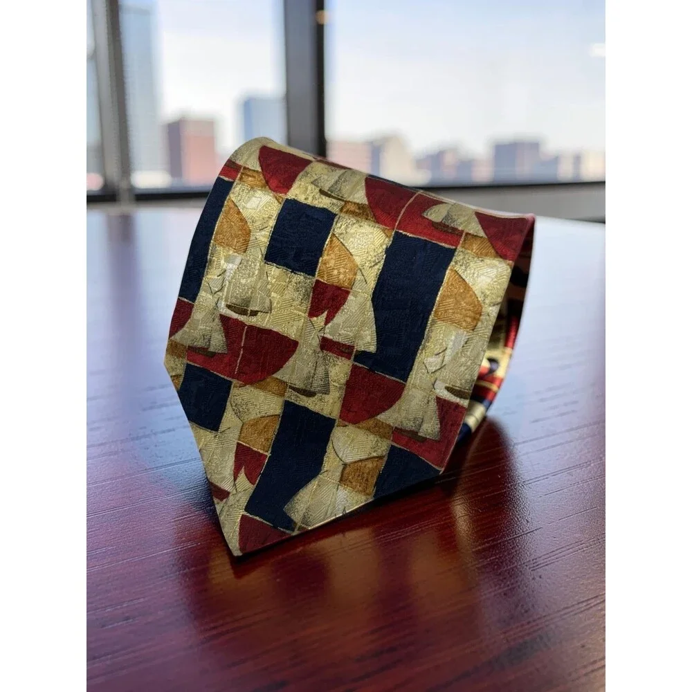 Ermenegildo Zegna Silk Tie Sailboat Geometric Red Navy Gold Italy 56.5” x 4”